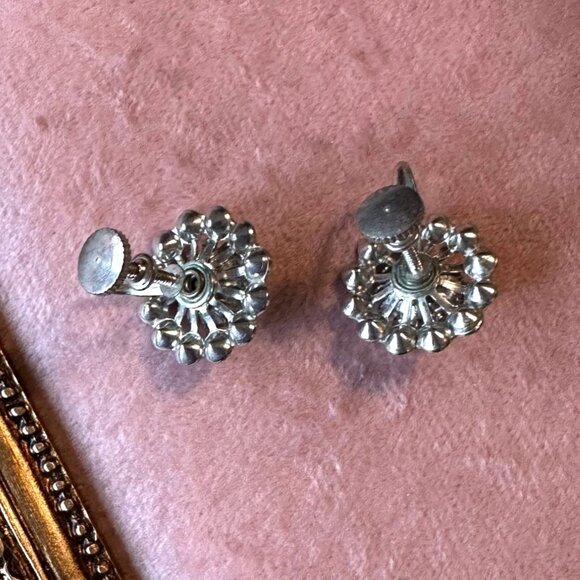 Vintage Screw Back Earrings With Light Blue Rhinestone Floral Design Mid-Century - Picture 6 of 8